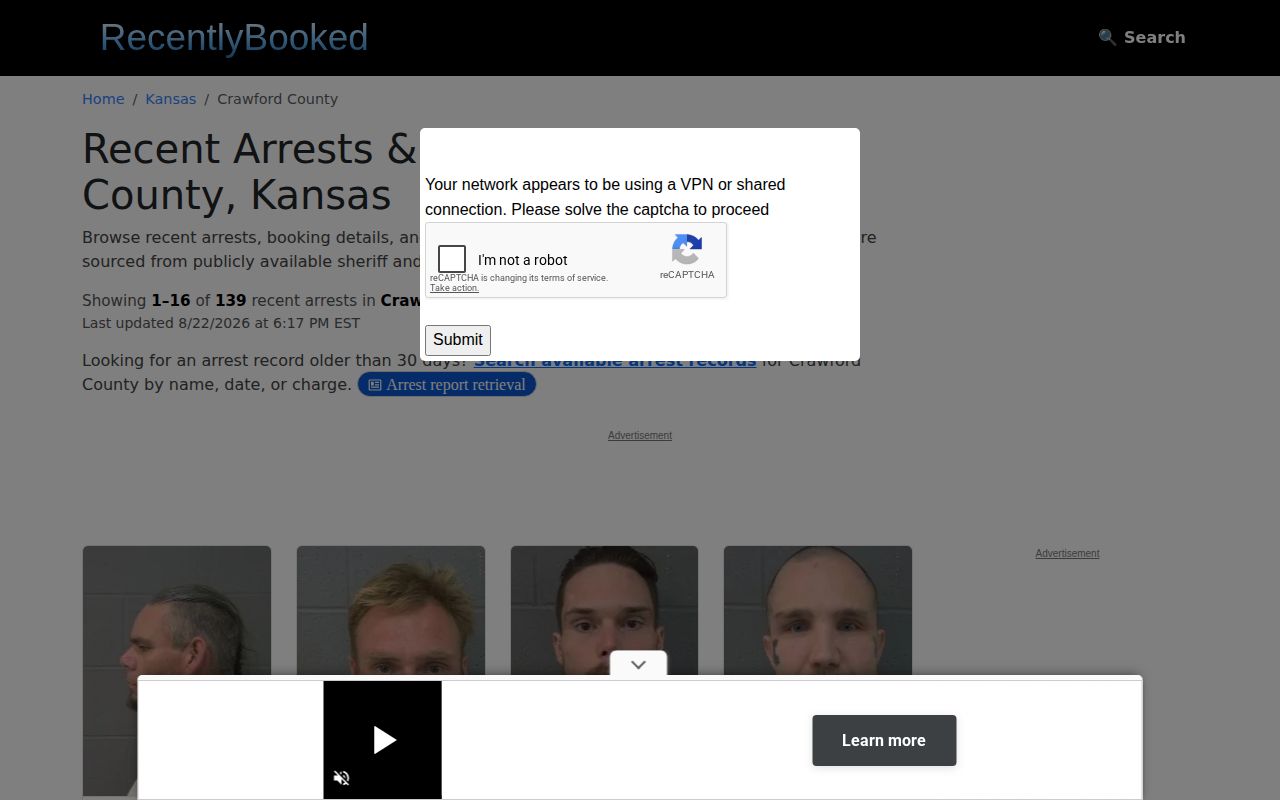 Unofficial Crawford County mugshot news listing on Recently Booked