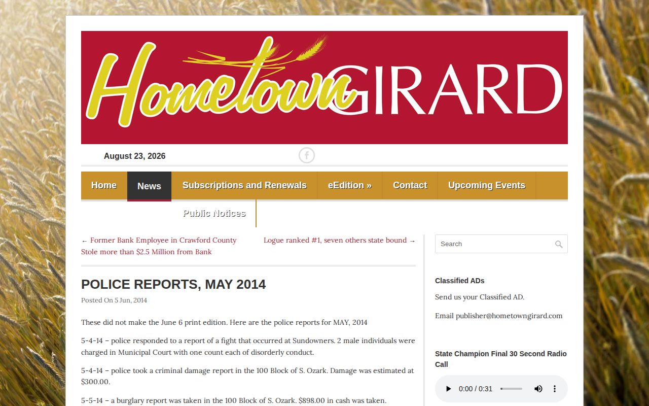 Hometown Girard local police report example for Crawford County arrests