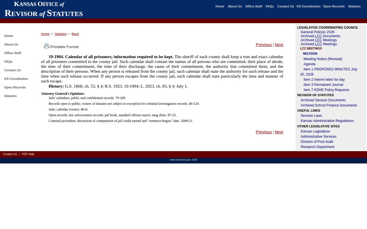Kansas statute for Crawford County booking records